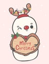 Cute happy snowman reindeer antler holding wooden board sign heart shape Merry Christmas doodle cartoon drawing vector