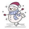 Cute happy snowman on skates. Winter handdrawn illustration. Holiday activities.