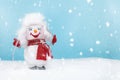 Cute happy snowman wearing fluffy hat and red scarf standing in the snow. Cartoon, funny. Christmas, New year background Royalty Free Stock Photo