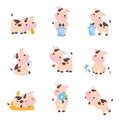 Cute happy spotted baby cow in various activities set. Adorable farm animal character drinking milk, smelling flower Royalty Free Stock Photo