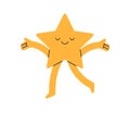 Cute happy star walking. Funny smiling character with joyful amusing emotion, face expression, rejoicing. Bliss, joy and