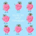 Cute happy strawberries frame on blue Royalty Free Stock Photo