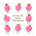 Cute happy strawberries frame on white background Royalty Free Stock Photo
