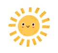 Cute happy summer sun character with funny smiling face. Childish drawing in Scandinavian style. Sunny weather doodle