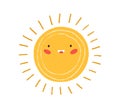 Cute happy summer sun with rays. Childish drawing of solar circle in Scandinavian style. Sunny weather doodle icon