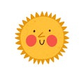 Cute happy sun with funny smiling face. Hot summer weather icon in doodle style. Children's Scandinavian drawing Royalty Free Stock Photo