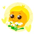 A cute happy sun is smiling and holding daisies. Awesome character for logos and advertising in cartoon style.