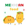 Cute happy taco and burrito card. Vector hand drawn doodle style cartoon character illustration icon design. Happy taco Royalty Free Stock Photo