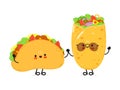Cute happy taco and burrito card. Vector hand drawn doodle style cartoon character illustration icon design. Happy taco Royalty Free Stock Photo