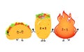 Cute happy taco burrito and fire card. Vector hand drawn doodle style cartoon character illustration icon design. Happy Royalty Free Stock Photo