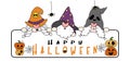 Cute happy Three Gnomes Halloween in costume clothes and witch hats, Happy Halloween banner, cartoon character outline hand drawn