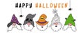 Cute happy Three Gnomes Halloween heads in Halloween costume witch hats, Happy Halloween banner, cartoon character outline hand