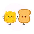 Cute happy toast and cheese card. Vector hand drawn doodle style cartoon character illustration icon design. Happy bread and
