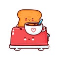 Cute happy toast with coffee mug in toaster