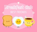 Cute happy toast cup of tea and fried egg card. Vector hand drawn doodle style cartoon character illustration icon Royalty Free Stock Photo