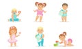 Cute Happy Toddler Babies Set, Adorable Boys and Girls Learning to Walk, Crawling, Drinking Milk with Bottle, Playing