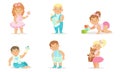 Cute Happy Toddler Babies Set, Adorable Cheerful Boys and Girls Learning to Walk, Crawling, Playing with Toys Vector