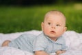 Cute happy toddler lying on a blanket on the grass outdoors in summer Royalty Free Stock Photo