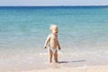 Cute happy toddler on the sea shore. Funny baby boy on vacation Royalty Free Stock Photo