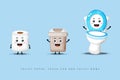 Cute happy toilet paper, trash can and toilet bowl