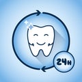 Cute happy tooth blue round icon, vector illustration