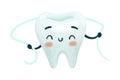 Cute happy tooth using dental floss. Oral care, mouth hygiene, teeth restoration concept cartoon vector illustration Royalty Free Stock Photo