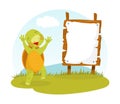 Cute happy turtle holding blank wooden signboard cartoon vector Royalty Free Stock Photo