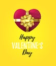 Cute Happy Valentine`s Day banner with 3d Realistic Gift Box in a Heart shape. Halftone Heart with Gold Bow isolated on