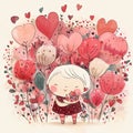 Cute happy Valentines watercolor card, digital illustration