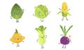 Cute Happy Vegetable Characters Set, Artichoke, Cabbage, Corn Cob, Squash, Chinese Cabbage, Beet Vector Illustration Royalty Free Stock Photo