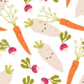 Cute happy vegetables characters, seamless pattern. Endless background, funny carrots, daikon, radish smiling. Healthy