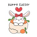 Cute happy White bunny with red bow in broken egg shield and carrots, cute cartoon drawing outline