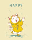 Cute happy white cat in yellow rain coat jumping in the rain, idea for greeting card, children stuff print, kid nursery