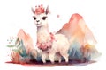 Cute happy wild baby lama in water color