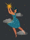 Cute happy woman in a blue dress flying in the clouds with a yellow star in her hands. Follow your dreams. Royalty Free Stock Photo