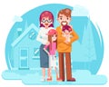 Cute Happy Young Family Mother Father Daughter with New House Real Estate Retro Flat Design Concept Template Vector Royalty Free Stock Photo