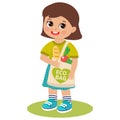 Cute Happy Young Girl With Eco Bag. Vector Cartoon Flat Style Illustration Design. Royalty Free Stock Photo