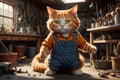 Cute hardworking cat works in his car repair shop.