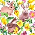 Cute hare animals in beautiful flowers. Spring repeating floral easter background. Watercolor seamless pattern - rabbits Royalty Free Stock Photo