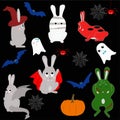 Cute hare in different costumes for halloween