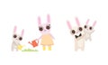 Cute Hare Family with Mother, Father and Cub Watering Plant and Playing Vector Set