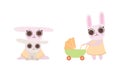 Cute Hare Family with Mother Playing with Cub and Walking with Baby Carriage Vector Set