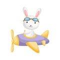 Cute hare pilot wearing aviator goggles flying an airplane. Graphic element for childrens book, album, scrapbook, postcard, mobile