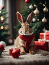 Cute hare or rabbit wearing red scarf under the Christmas tree