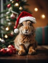 Cute hare or rabbit wearing Santa Claus red hat under the Christmas tree