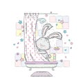 Cute hare in the shower. Vector illustration. Rabbit is bathed in the bath.