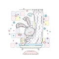 Cute hare in the shower. Vector illustration. Rabbit is bathed in the bath.