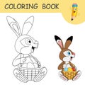 Cute Hare sitting and holding basket full of decorated Easter eggs. Coloring book with Rabbit. Colorless and color samples