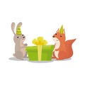 Cute hare and squirrel in party hats with big green gift box cartoon vector Illustration Royalty Free Stock Photo