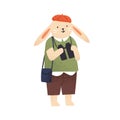 Cute hare tourist with binoculars at excursion or tour vector flat illustration. Funny childish bunny admiring